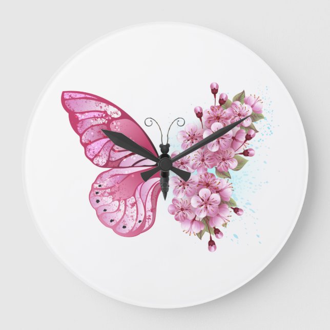Flower Butterfly with Pink Sakura Large Clock (Front)
