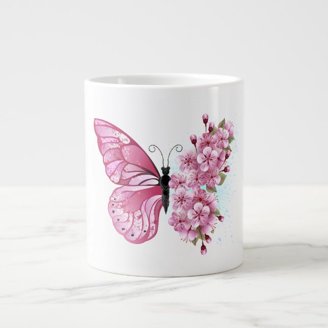 Flower Butterfly with Pink Sakura Large Coffee Mug (Front)