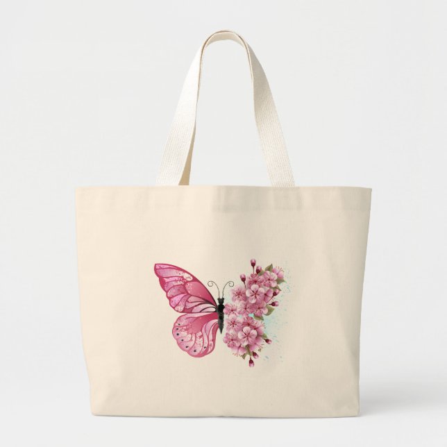 Flower Butterfly with Pink Sakura Large Tote Bag (Front)