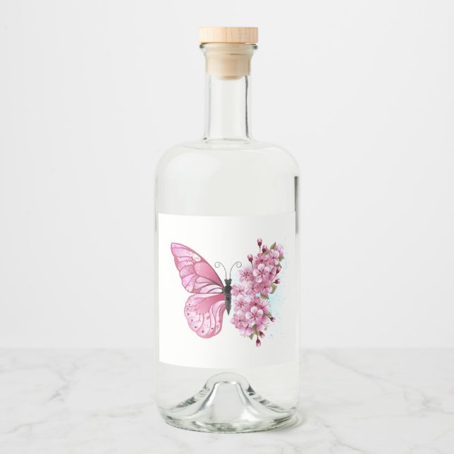 Flower Butterfly with Pink Sakura Liquor Bottle Label (Front)