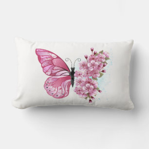 Flower Butterfly with Pink Sakura Lumbar Pillow
