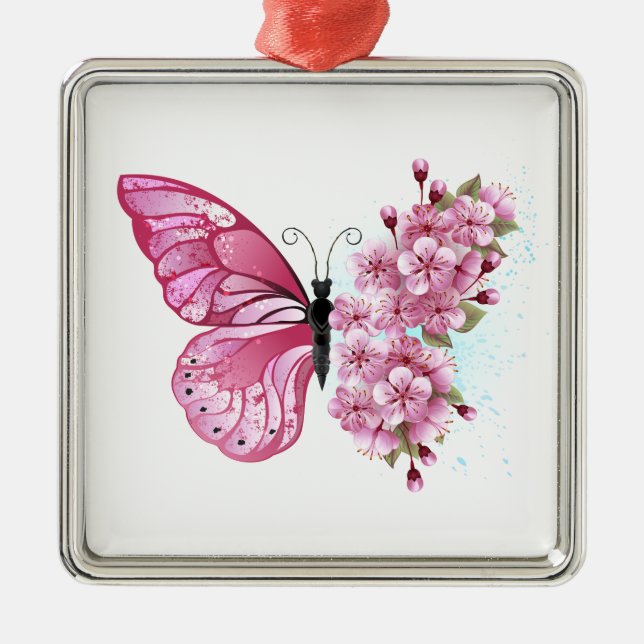 Flower Butterfly with Pink Sakura Metal Ornament (Front)