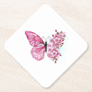 Flower Butterfly with Pink Sakura Paper Coaster