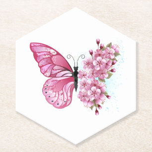 Flower Butterfly with Pink Sakura Paper Coaster