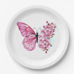 Flower Butterfly with Pink Sakura Paper Plate