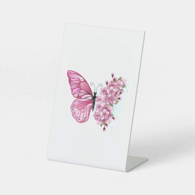 Flower Butterfly with Pink Sakura Pedestal Sign (Front)