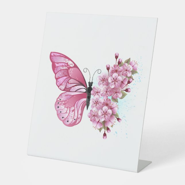 Flower Butterfly with Pink Sakura Pedestal Sign (Front)