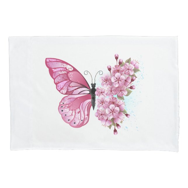 Flower Butterfly with Pink Sakura Pillowcase (Front)