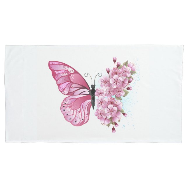 Flower Butterfly with Pink Sakura Pillowcase (Front)