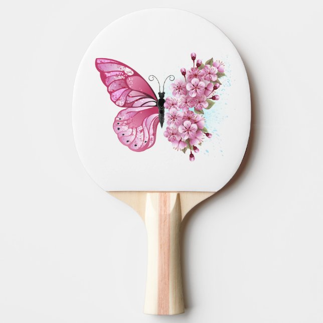Flower Butterfly with Pink Sakura Ping Pong Paddle (Front)