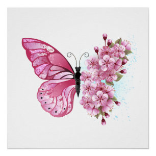Flower Butterfly with Pink Sakura Poster