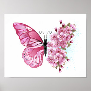 Flower Butterfly with Pink Sakura Poster