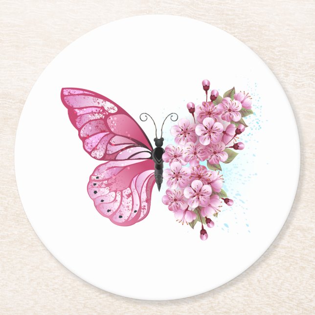 Flower Butterfly with Pink Sakura Round Paper Coaster (Front)