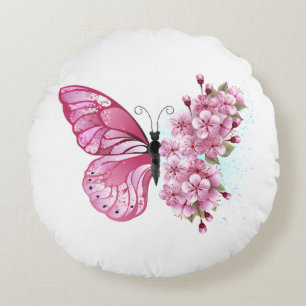 Flower Butterfly with Pink Sakura Round Pillow