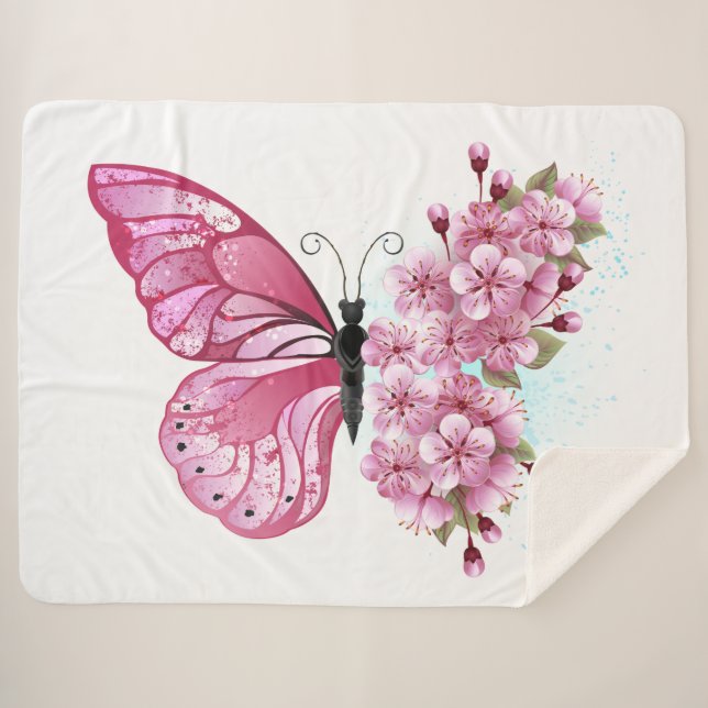 Flower Butterfly with Pink Sakura Sherpa Blanket (Front (Horizontal))