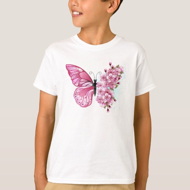 Flower Butterfly with Pink Sakura T-Shirt (Front)