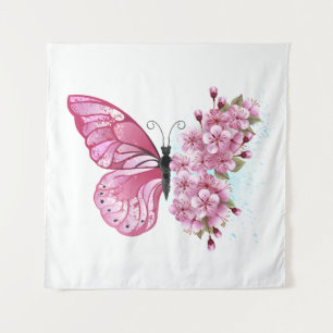 Flower Butterfly with Pink Sakura Tapestry