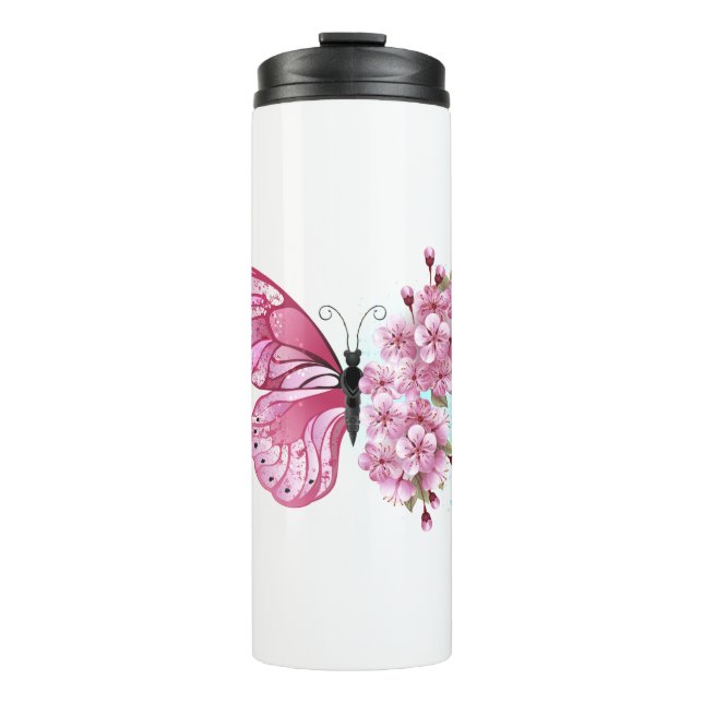 Flower Butterfly with Pink Sakura Thermal Tumbler (Front)
