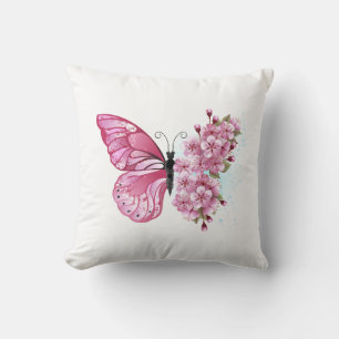 Flower Butterfly with Pink Sakura Throw Pillow