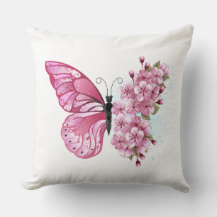 Flower Butterfly with Pink Sakura Throw Pillow