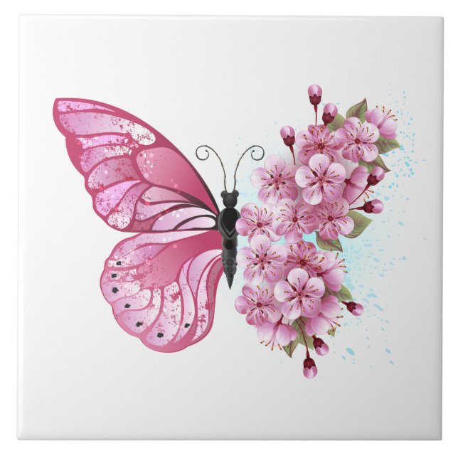 Flower Butterfly with Pink Sakura Tile (Front)