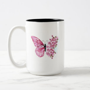 Flower Butterfly with Pink Sakura Two-Tone Coffee Mug