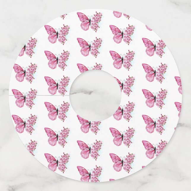 Flower Butterfly with Pink Sakura Wine Glass Tag (Front)
