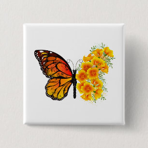 Flower Butterfly with Yellow California Poppy 2 Inch Square Button