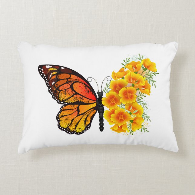 Flower Butterfly with Yellow California Poppy Accent Pillow (Front)