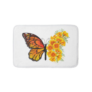 Flower Butterfly with Yellow California Poppy Bath Mat
