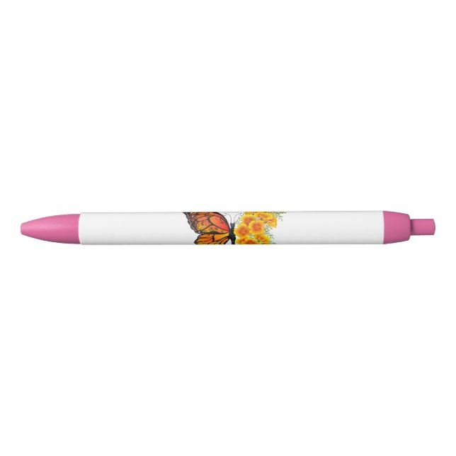 Flower Butterfly with Yellow California Poppy Black Ink Pen (Front)