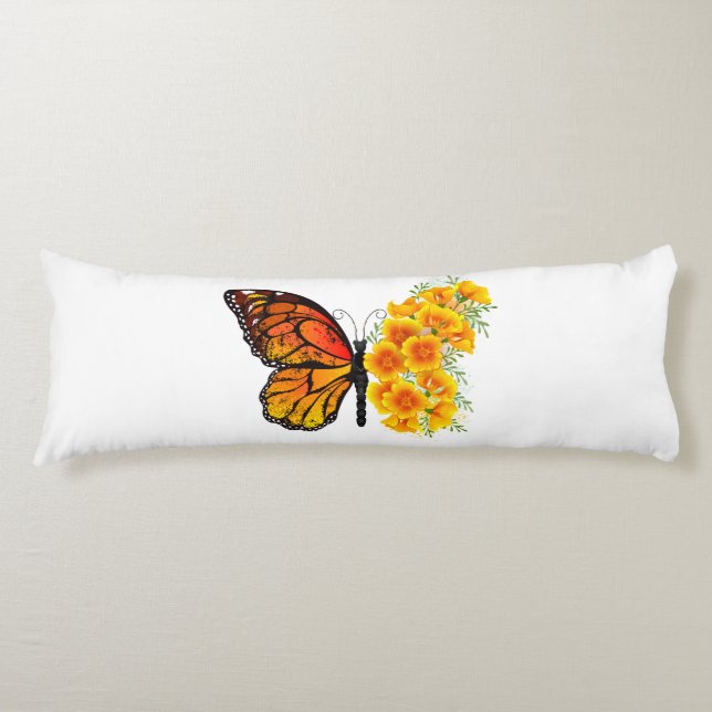 Flower Butterfly with Yellow California Poppy Body Pillow (Front)