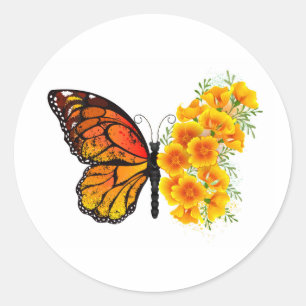 Flower Butterfly with Yellow California Poppy Classic Round Sticker
