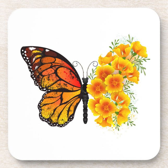 Flower Butterfly with Yellow California Poppy Coaster (Front)