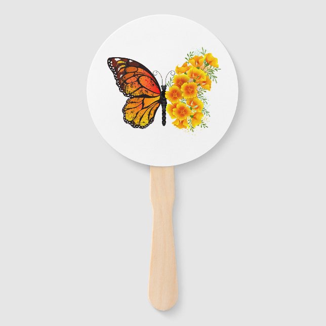 Flower Butterfly with Yellow California Poppy Hand Fan (Front)