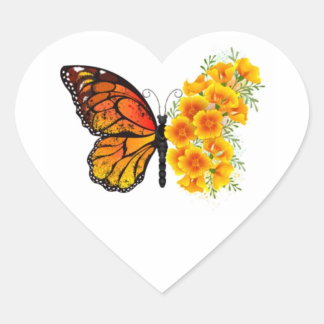 Flower Butterfly with Yellow California Poppy Heart Sticker (Front)