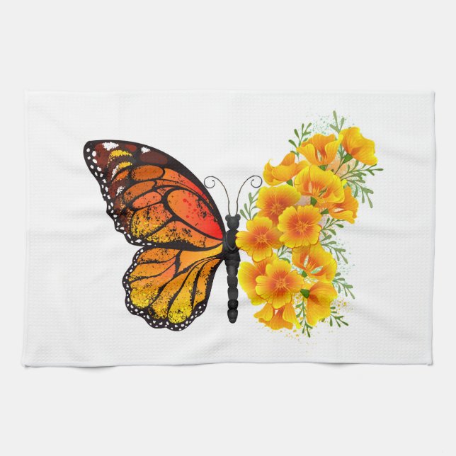 Flower Butterfly with Yellow California Poppy Kitchen Towel (Horizontal)