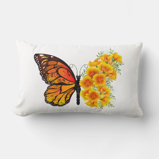 Flower Butterfly with Yellow California Poppy Lumbar Pillow (Front)