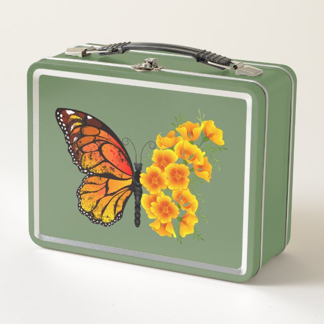 Flower Butterfly with Yellow California Poppy Metal Lunch Box (Front)