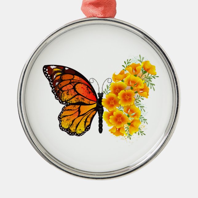 Flower Butterfly with Yellow California Poppy Metal Ornament (Front)
