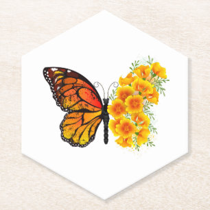 Flower Butterfly with Yellow California Poppy Paper Coaster