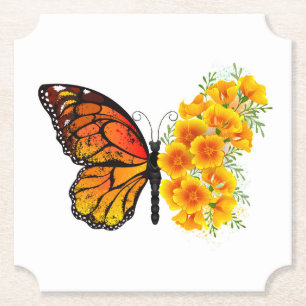 Flower Butterfly with Yellow California Poppy Paper Coaster