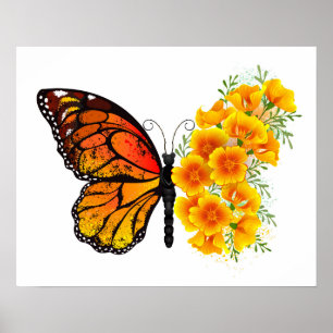 Flower Butterfly with Yellow California Poppy Poster