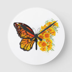 Flower Butterfly with Yellow California Poppy Round Clock