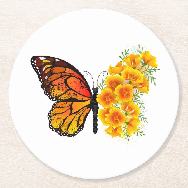 Flower Butterfly with Yellow California Poppy Round Paper Coaster (Front)