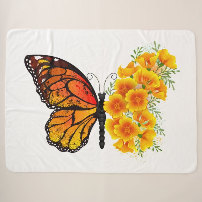 Flower Butterfly with Yellow California Poppy Sherpa Blanket (Front (Horizontal))