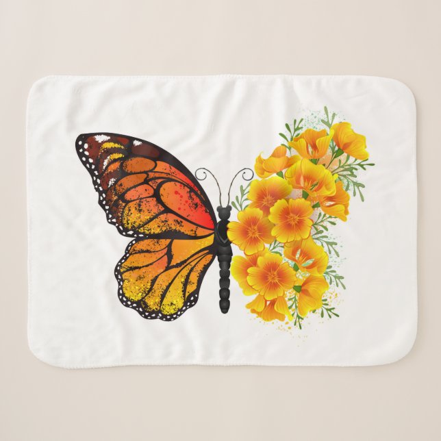 Flower Butterfly with Yellow California Poppy Sherpa Blanket (Front (Horizontal))
