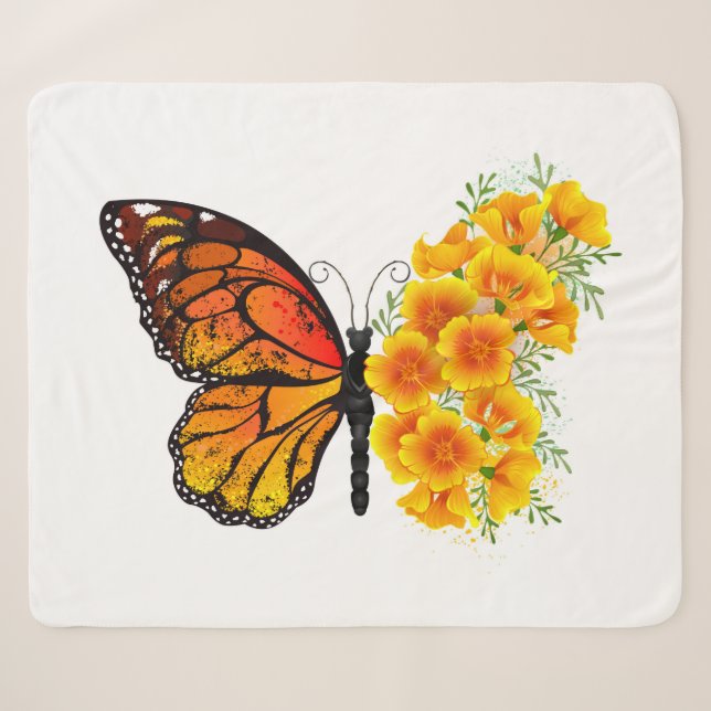 Flower Butterfly with Yellow California Poppy Sherpa Blanket (Front (Horizontal))