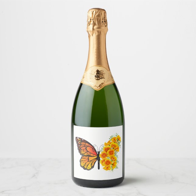Flower Butterfly with Yellow California Poppy Sparkling Wine Label (Front)