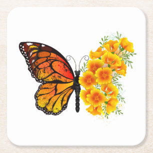 Flower Butterfly with Yellow California Poppy Square Paper Coaster